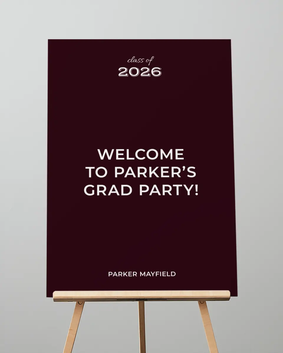 This is a 20" x 28" Welcome Grad Sign called All Star Graduate printed in full color with Gold foil