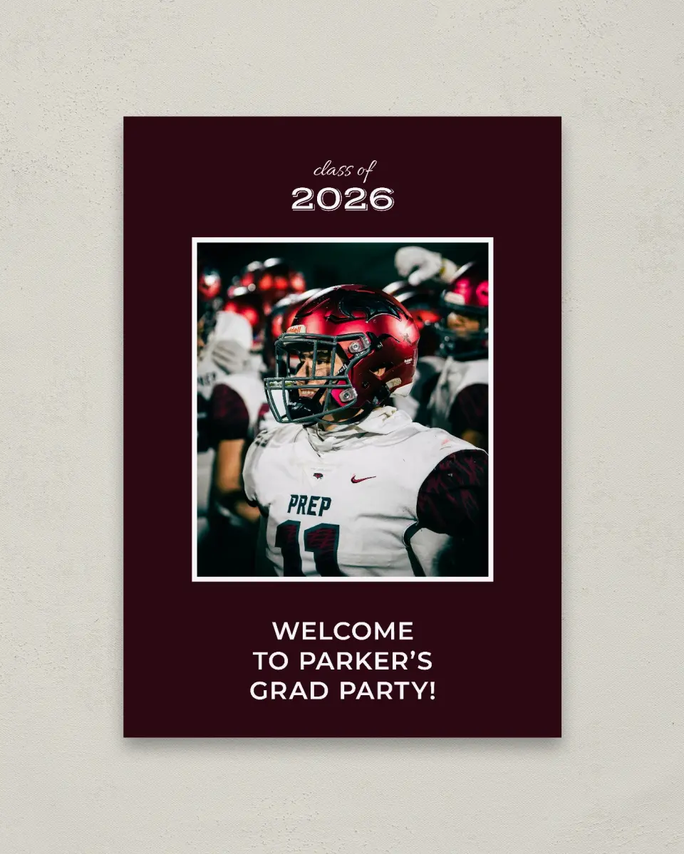 This is a 20" x 28" Welcome Grad Sign called All Star Graduate printed in full color with Gold foil