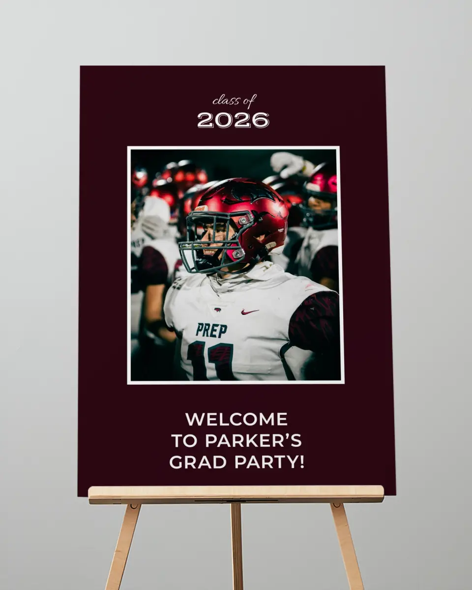 This is a 20" x 28" Welcome Grad Sign called All Star Graduate printed in full color with Gold foil