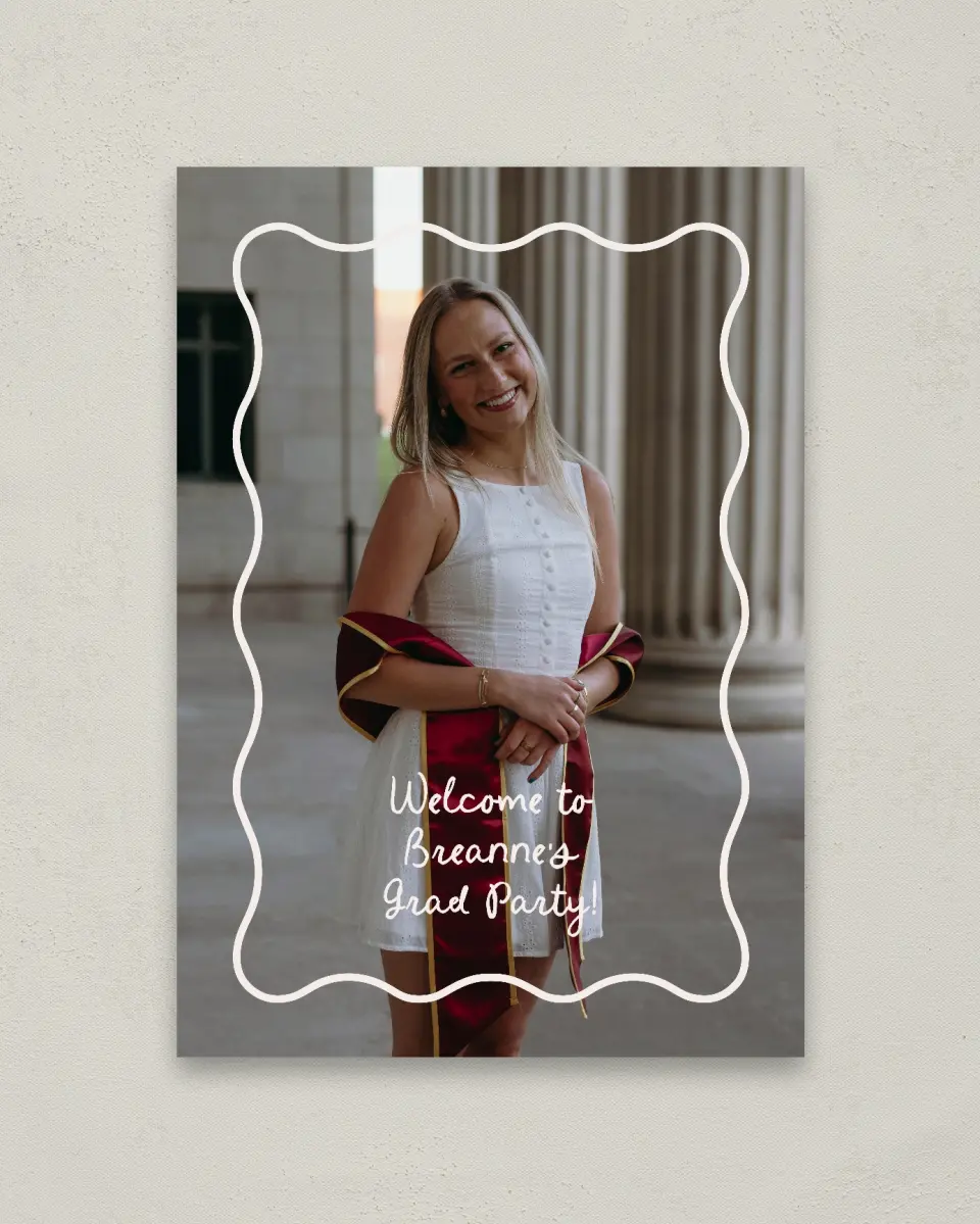 This is a 20" x 28" Welcome Grad Sign called Walking the Stage printed in full color