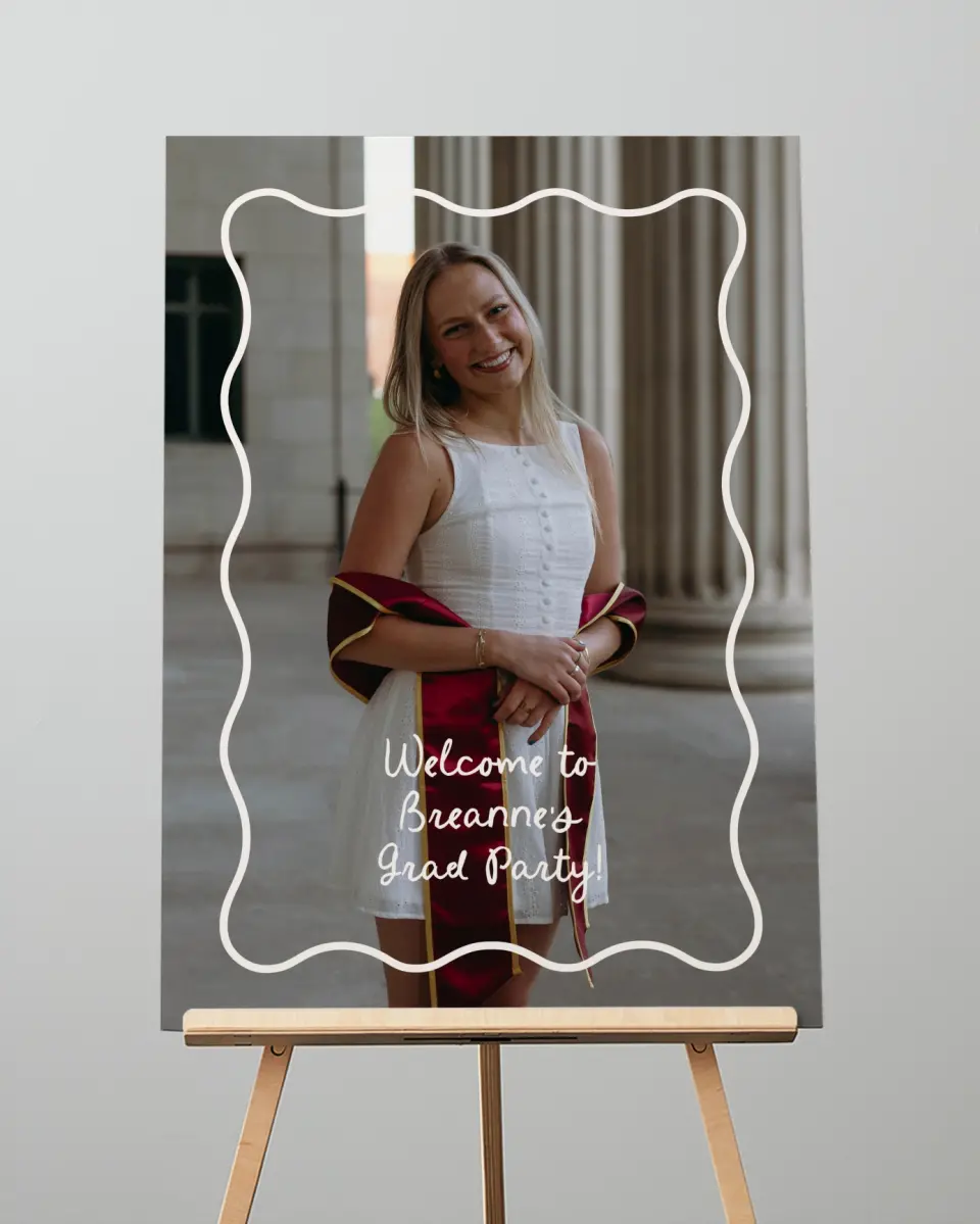 This is a 20" x 28" Welcome Grad Sign called Walking the Stage printed in full color