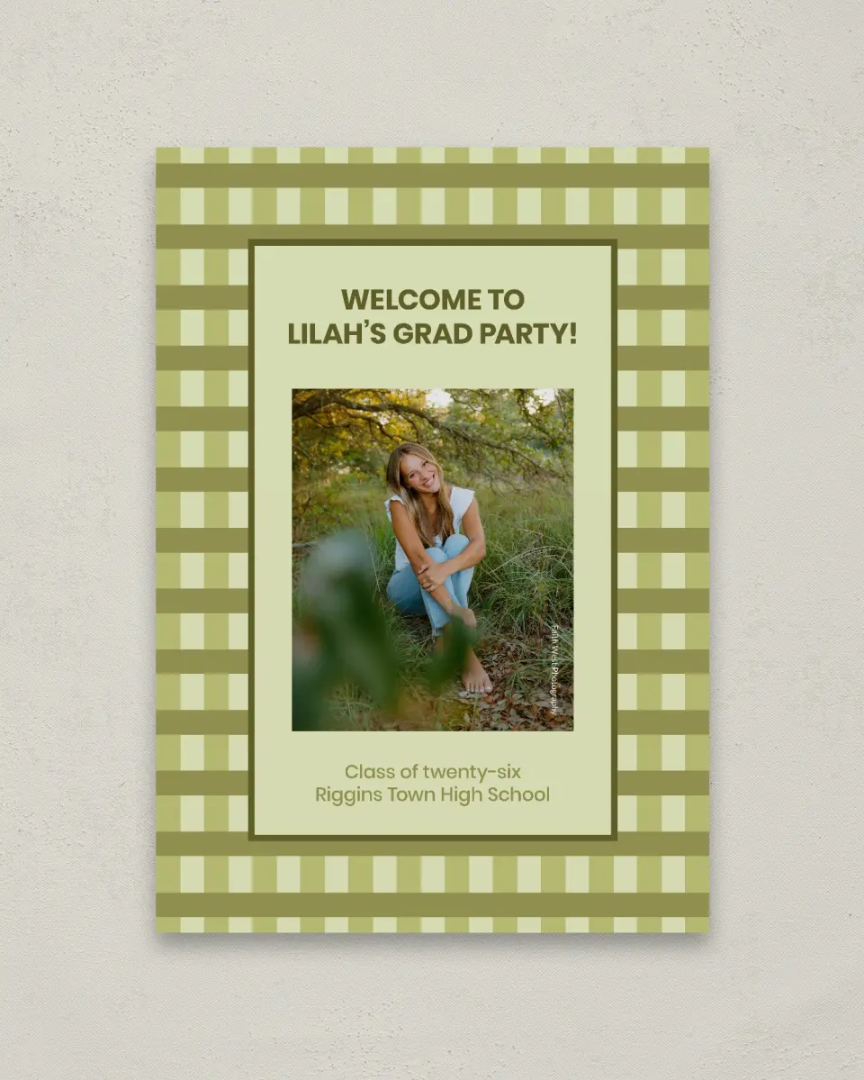 This is a 20" x 28" Welcome Grad Sign called Ivy Bound printed in full color with Gold foil