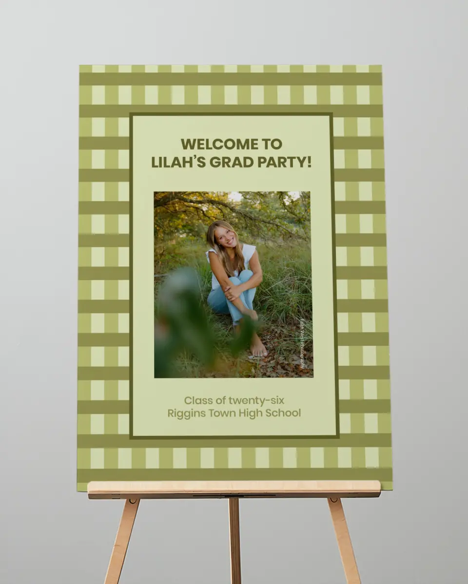This is a 20" x 28" Welcome Grad Sign called Ivy Bound printed in full color with Gold foil