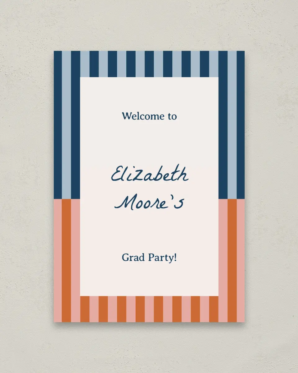 This is a 20" x 28" Welcome Grad Sign called Scholarly Stripes printed in full color