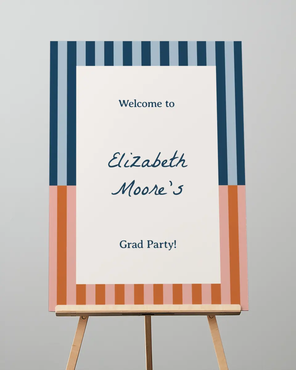 This is a 20" x 28" Welcome Grad Sign called Scholarly Stripes printed in full color