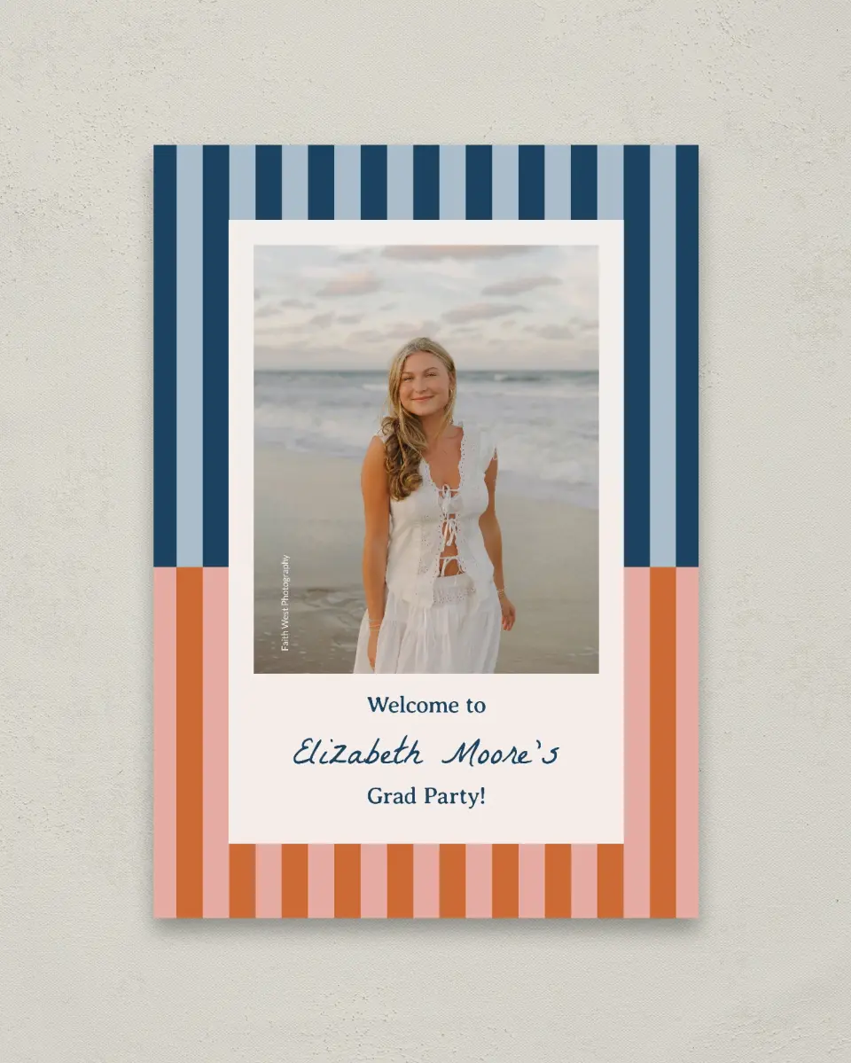 This is a 20" x 28" Welcome Grad Sign called Scholarly Stripes printed in full color with Gold foil