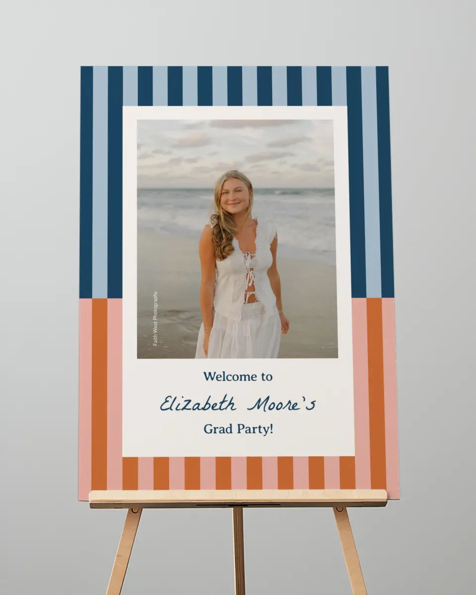 This is a 20" x 28" Welcome Grad Sign called Scholarly Stripes printed in full color with Gold foil