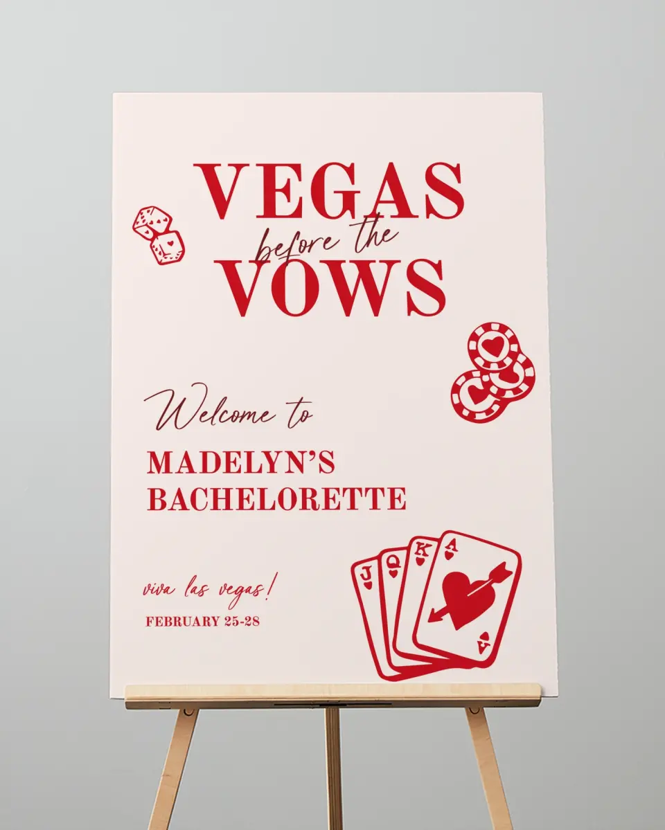This is a 20" x 28" Welcome Sign called Vegas Before the Vows printed in full color with Rose Gold foil