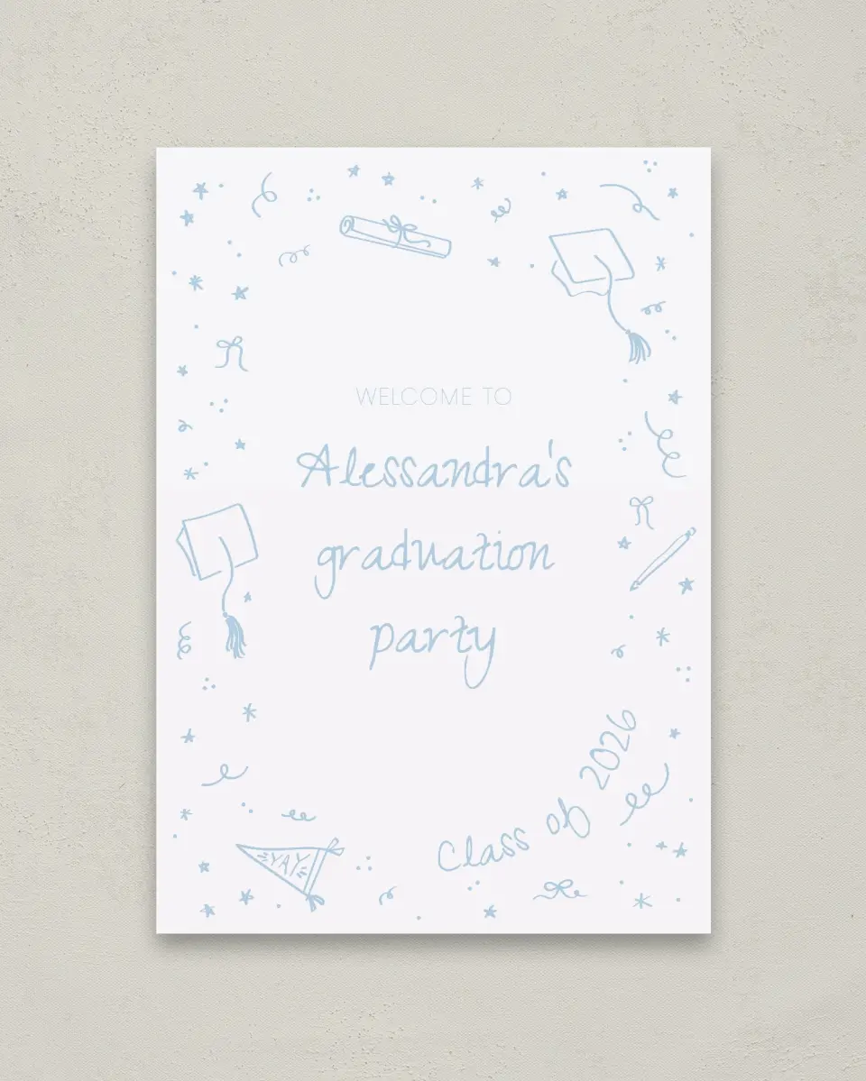 This is a 20" x 28" Welcome Grad Sign called Doodles in the Margin printed in full color