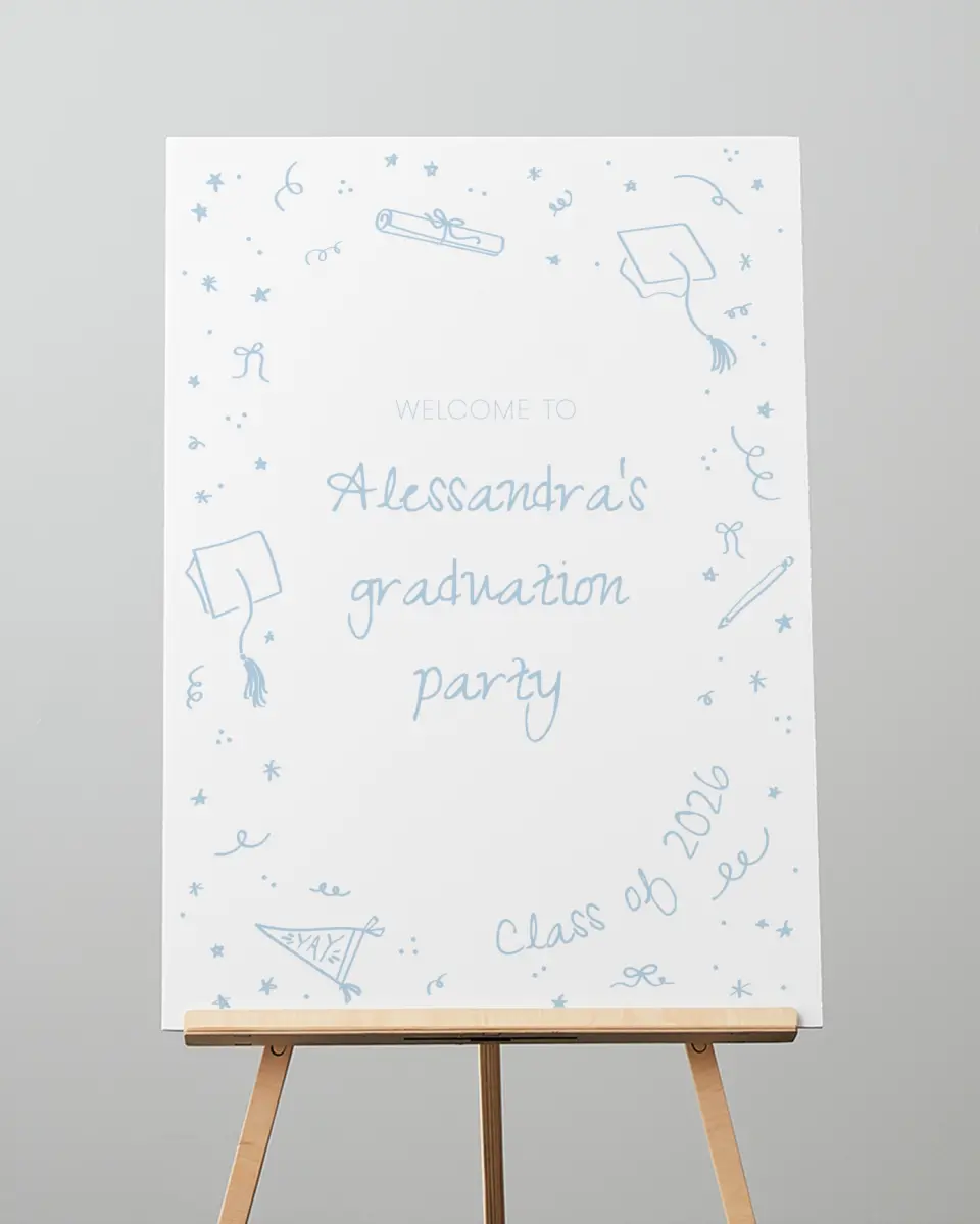 This is a 20" x 28" Welcome Grad Sign called Doodles in the Margin printed in full color