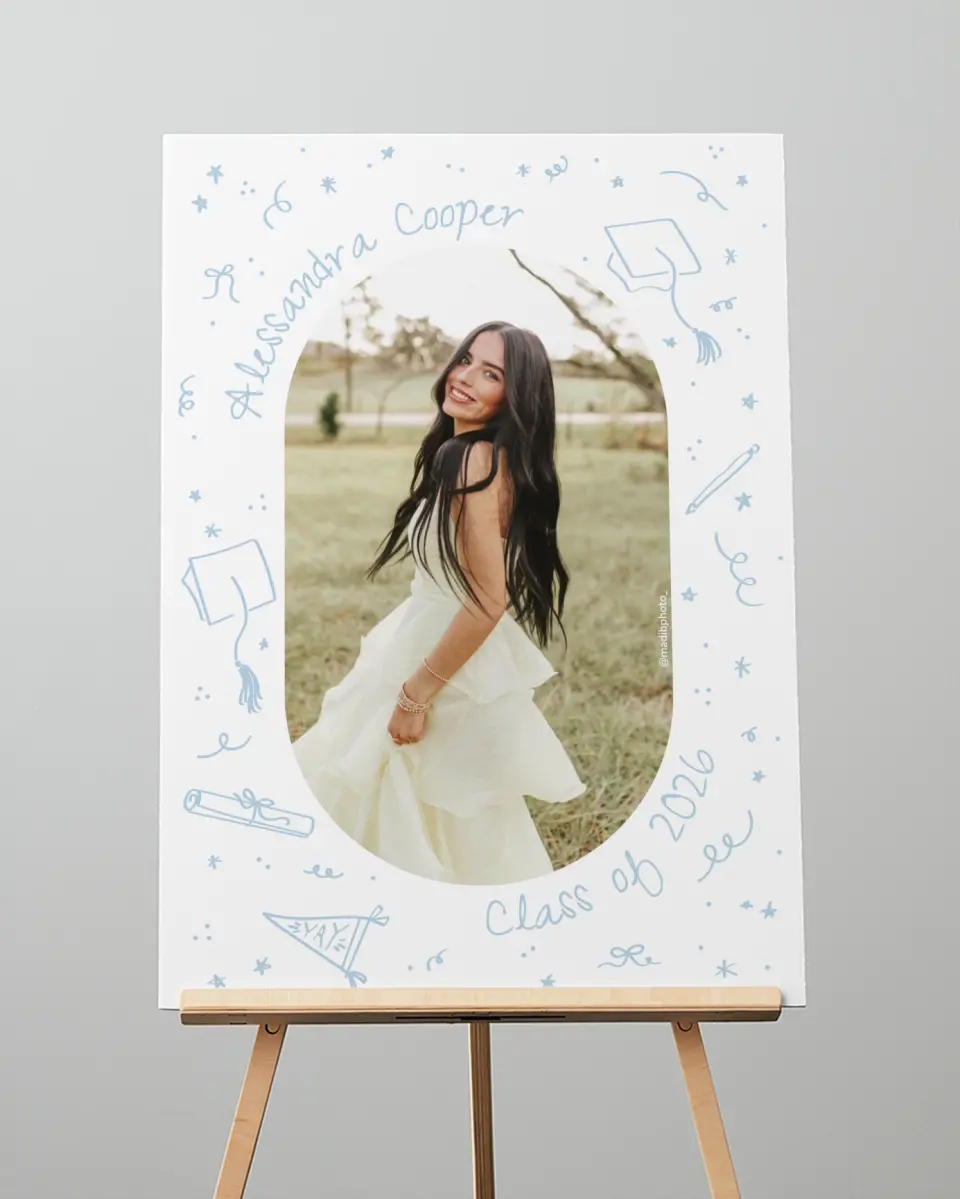 This is a 20" x 28" Welcome Grad Sign called Doodles in the Margin printed in full color with Silver foil