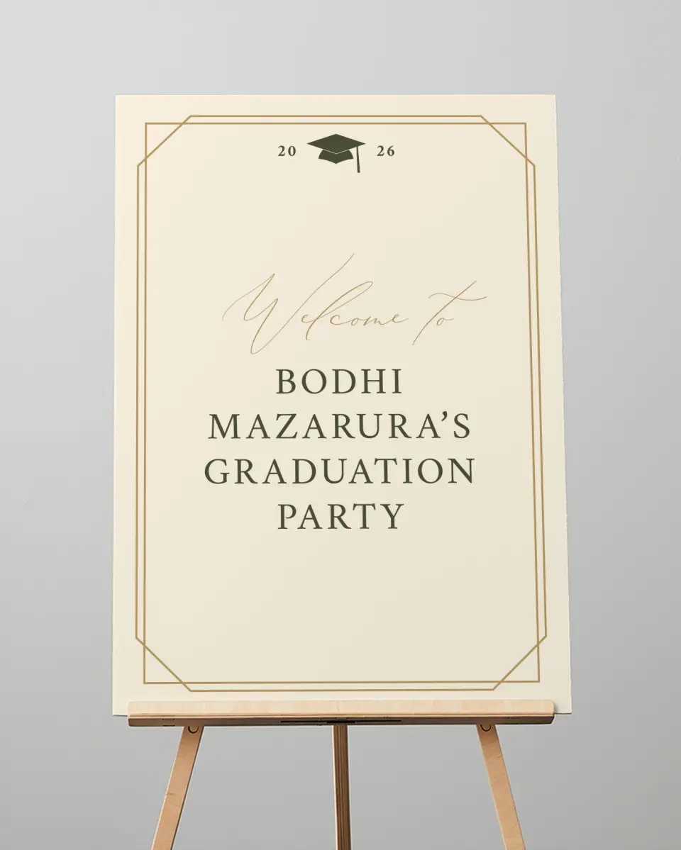 This is a 20" x 28" Welcome Grad Sign called Mature Minimalist printed in full color