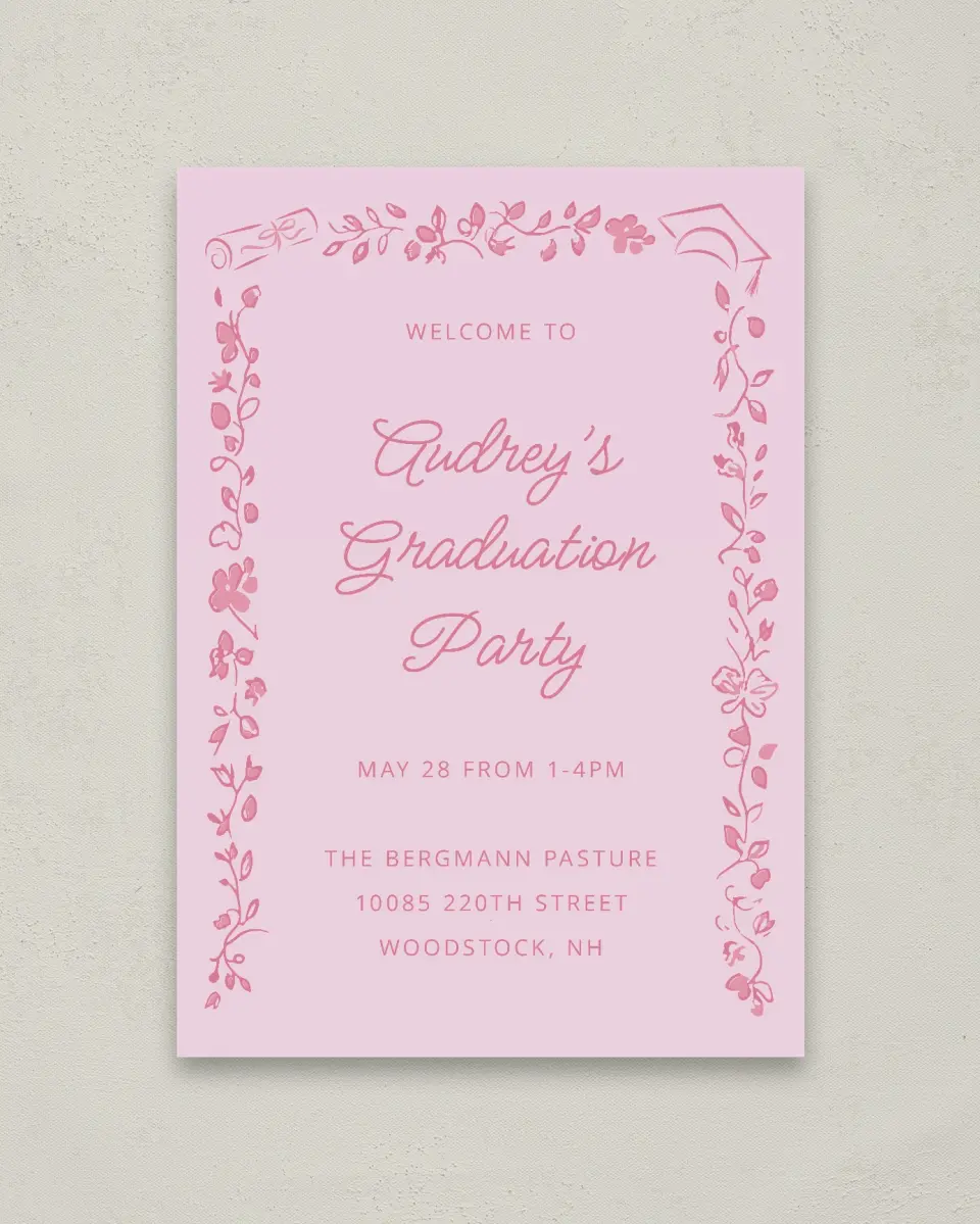 This is a 20" x 28" Welcome Grad Sign called Happily in Bloom printed in full color with Gold foil