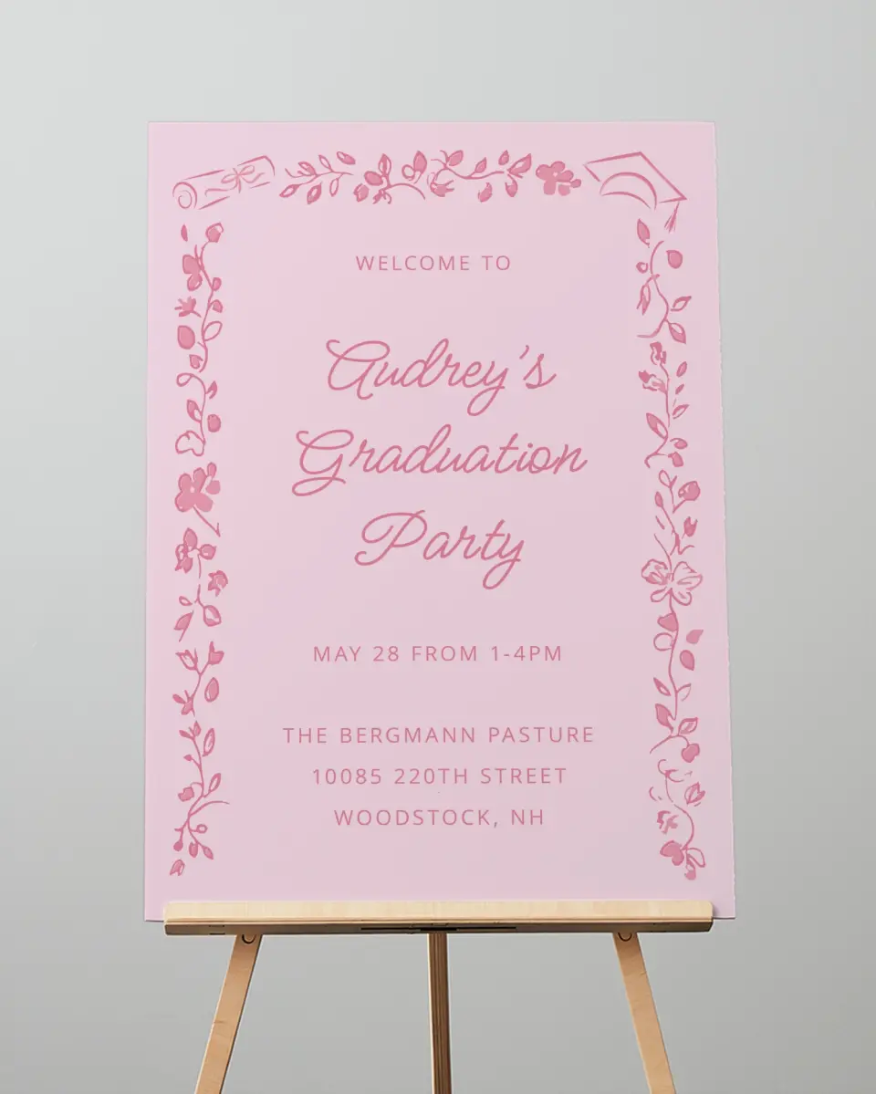 This is a 20" x 28" Welcome Grad Sign called Happily in Bloom printed in full color with Gold foil