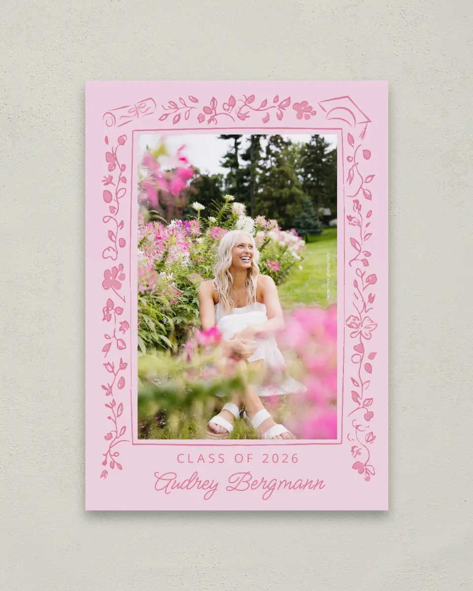 This is a 20" x 28" Welcome Grad Sign called Happily in Bloom printed in full color with Gold foil