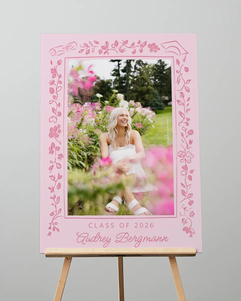 This is a 20" x 28" Welcome Grad Sign called Happily in Bloom printed in full color with Gold foil
