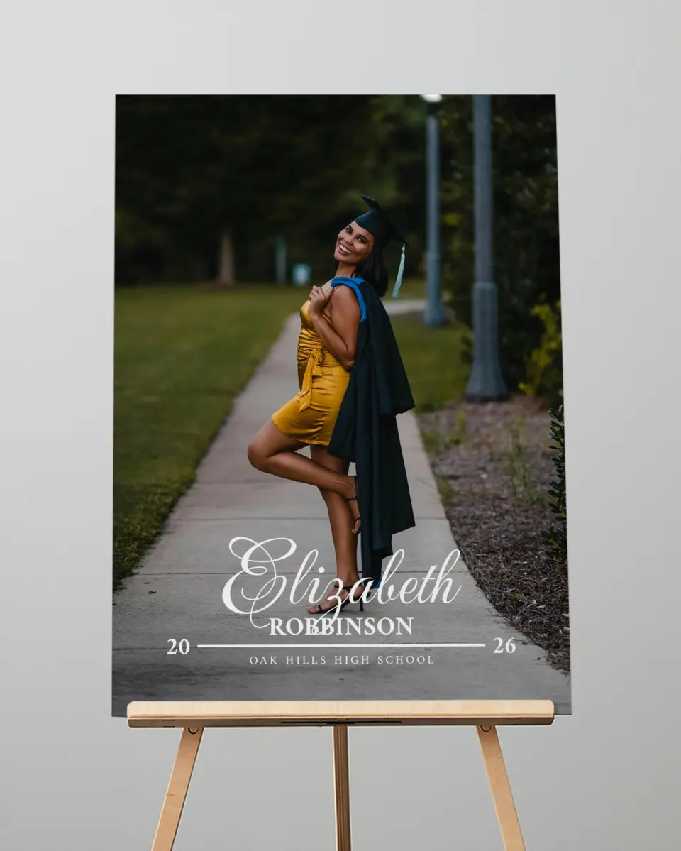 This is a 20" x 28" Welcome Grad Sign called The Right Path printed in full color with Silver foil