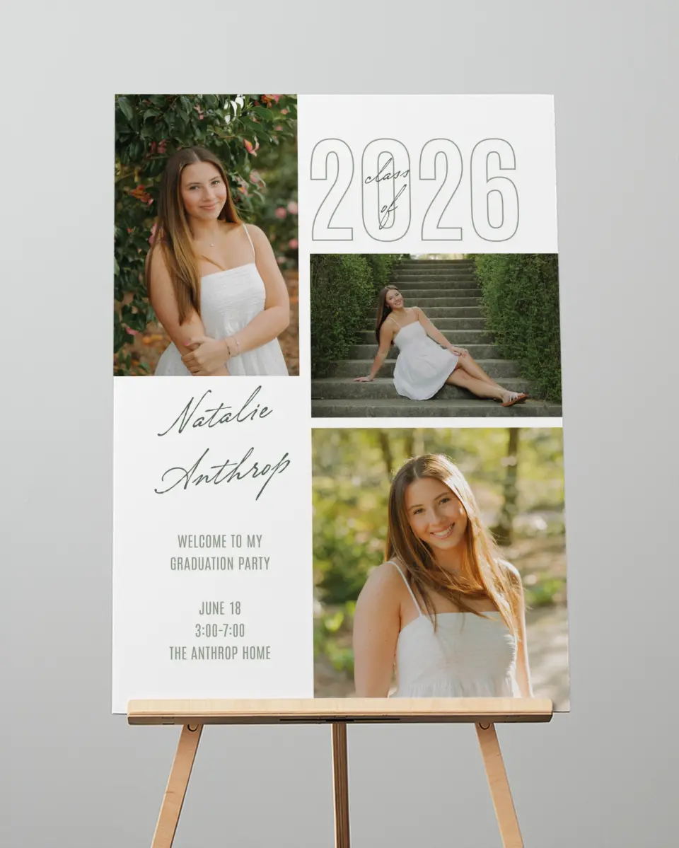 This is a 20" x 28" Welcome Grad Sign called Shining Brilliance printed in full color with Gold foil