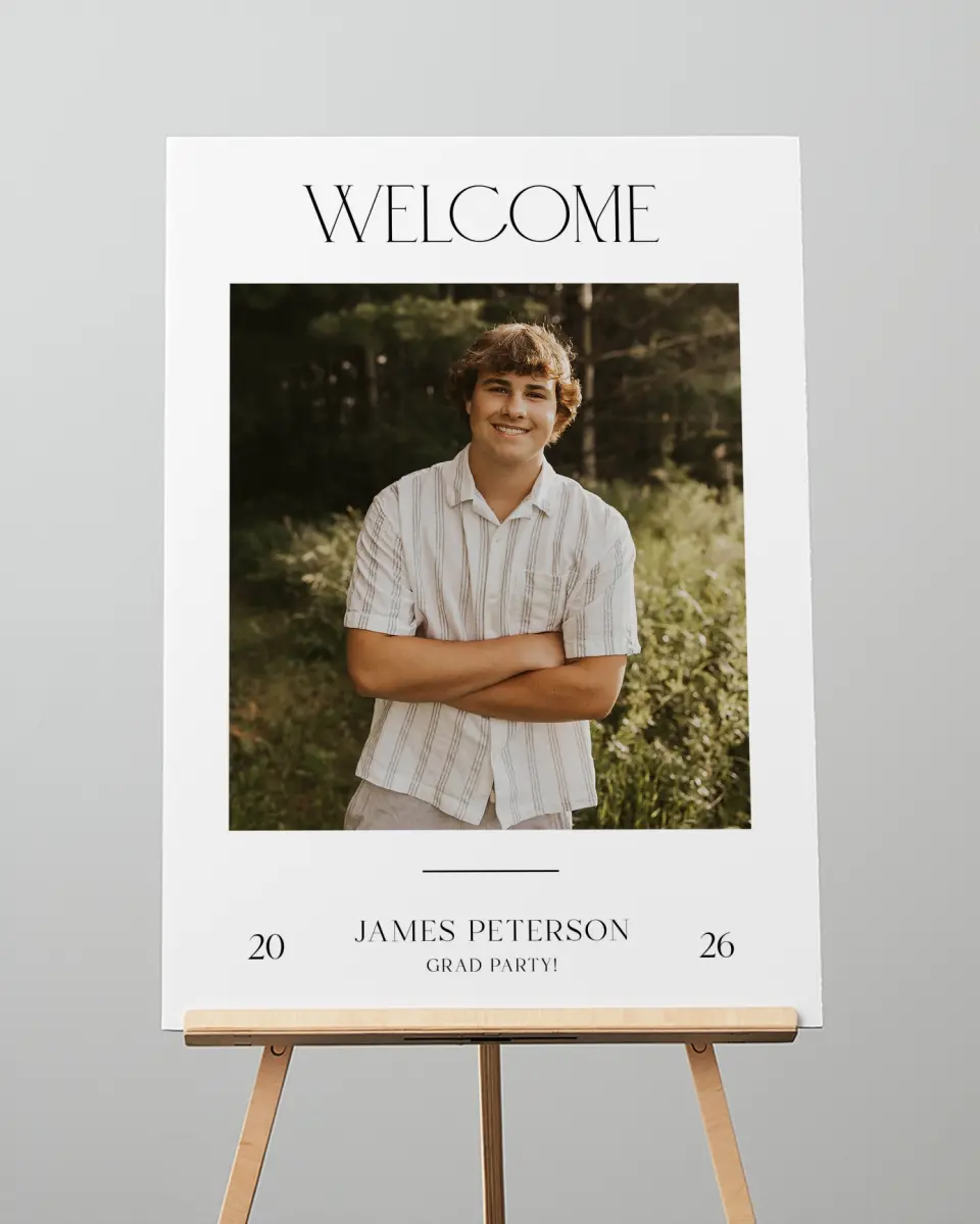 This is a 20" x 28" Welcome Grad Sign called Most Classic printed in full color with Gold foil