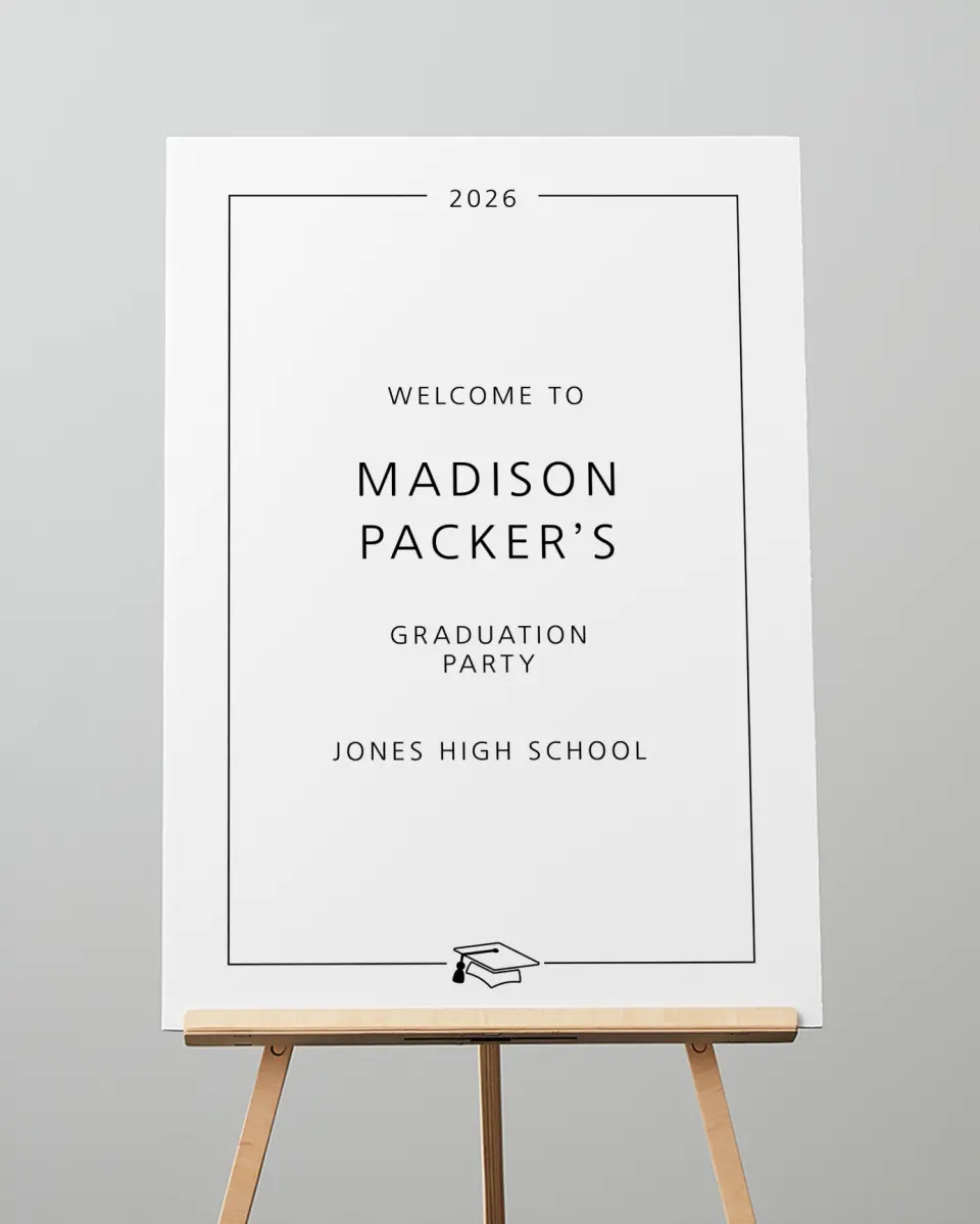 This is a 20" x 28" Welcome Grad Sign called Modern Grad printed in full color