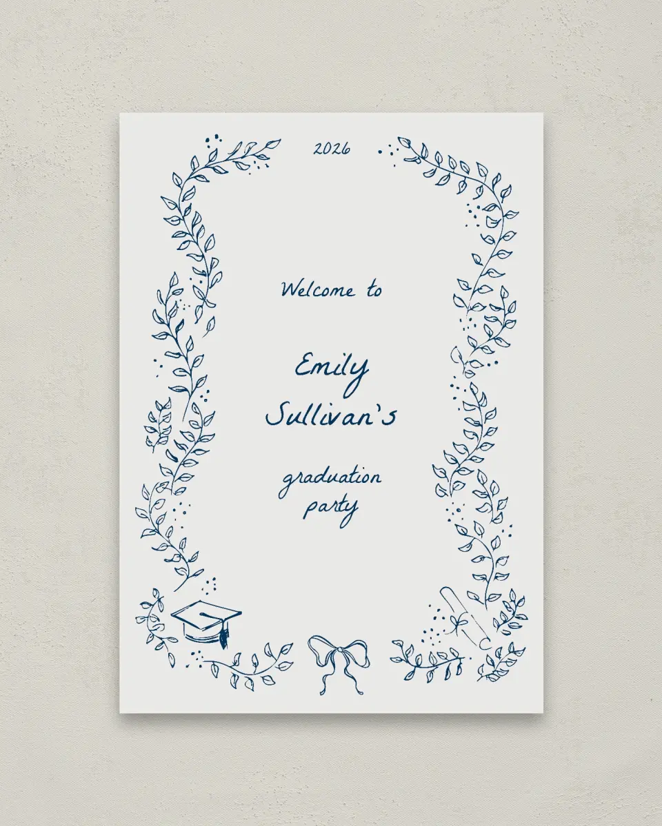 This is a 20" x 28" Welcome Grad Sign called Whimsical Grad printed in full color