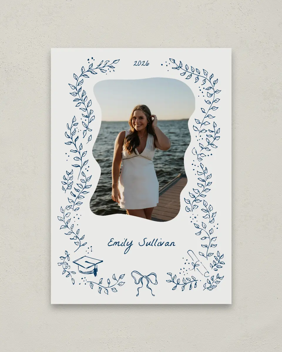 This is a 20" x 28" Welcome Grad Sign called Whimsical Grad printed in full color with Gold foil