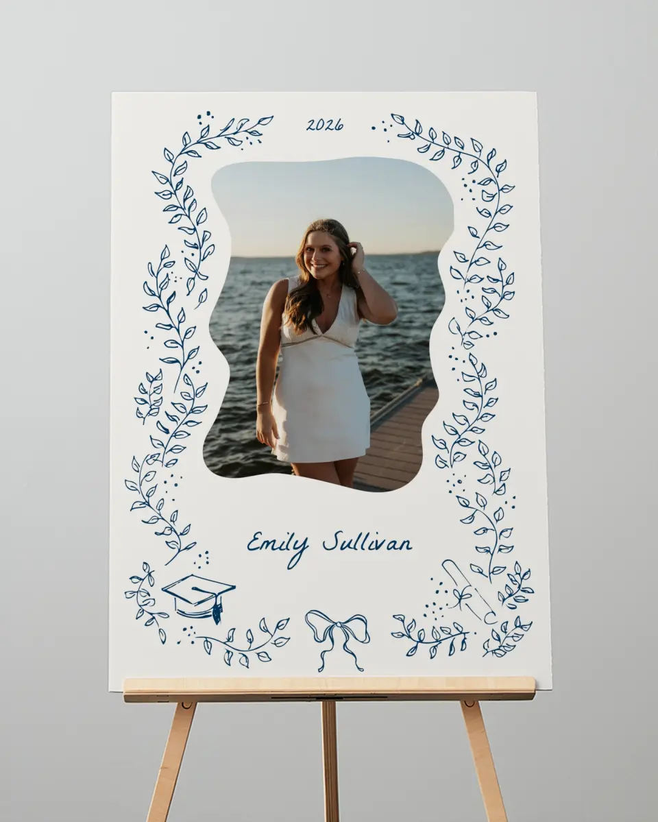 This is a 20" x 28" Welcome Grad Sign called Whimsical Grad printed in full color with Gold foil