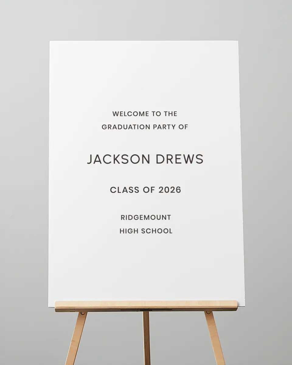 This is a 20" x 28" Welcome Grad Sign called Simple Graduate printed in full color with Silver foil