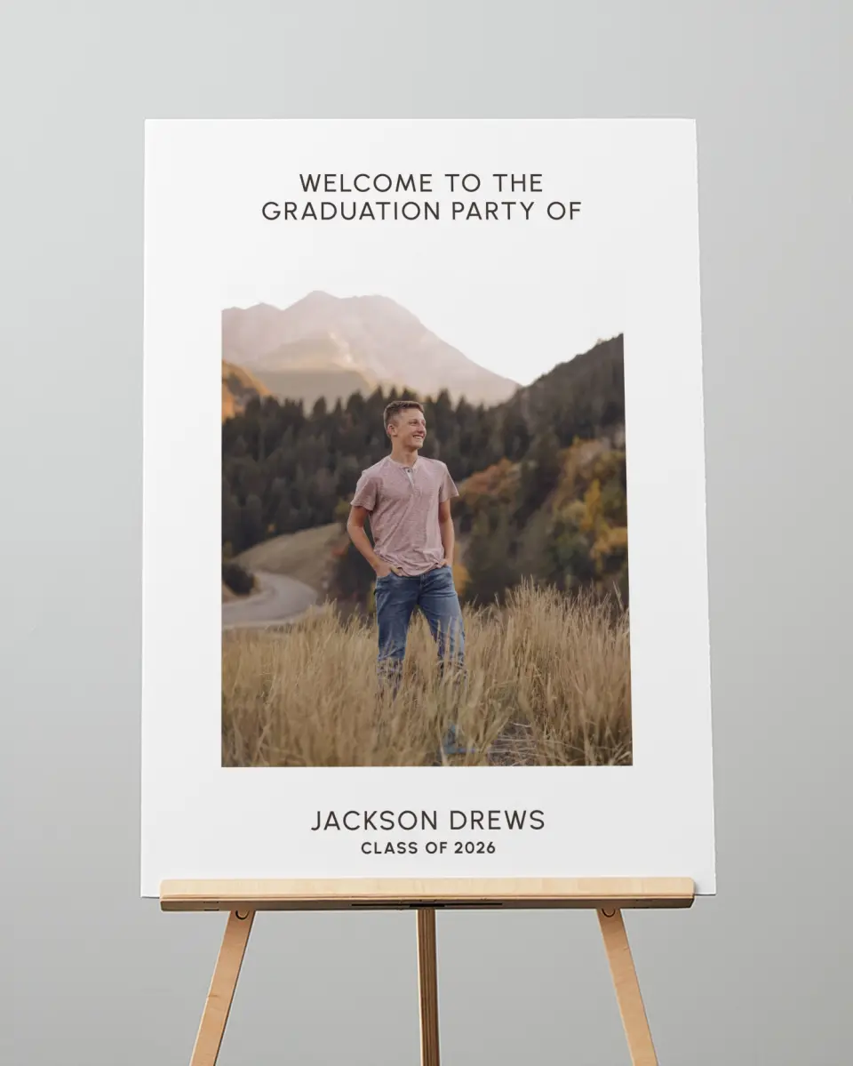 This is a 20" x 28" Welcome Grad Sign called Simple Graduate printed in full color with Gold foil