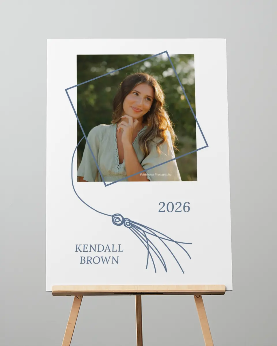 This is a 20" x 28" Welcome Grad Sign called Graduation Art printed in full color with Gold foil