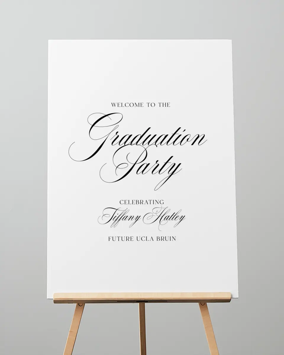 This is a 20" x 28" Welcome Grad Sign called Graduate Script printed in full color with Silver foil