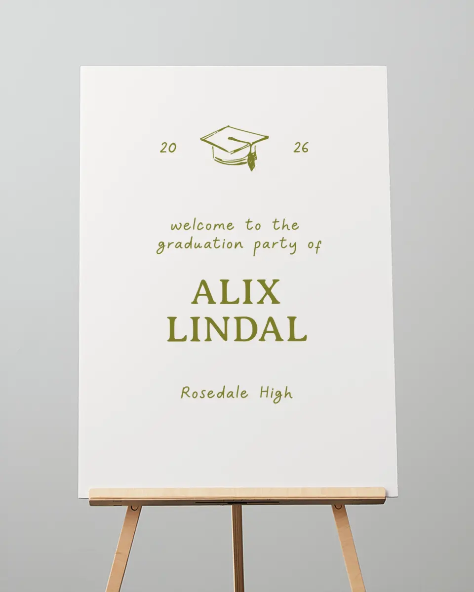 This is a 20" x 28" Welcome Grad Sign called Grad Frame Art printed in full color with Silver foil