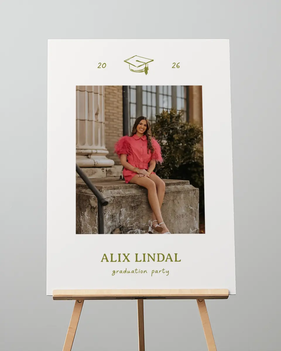 This is a 20" x 28" Welcome Grad Sign called Grad Frame Art printed in full color with Gold foil