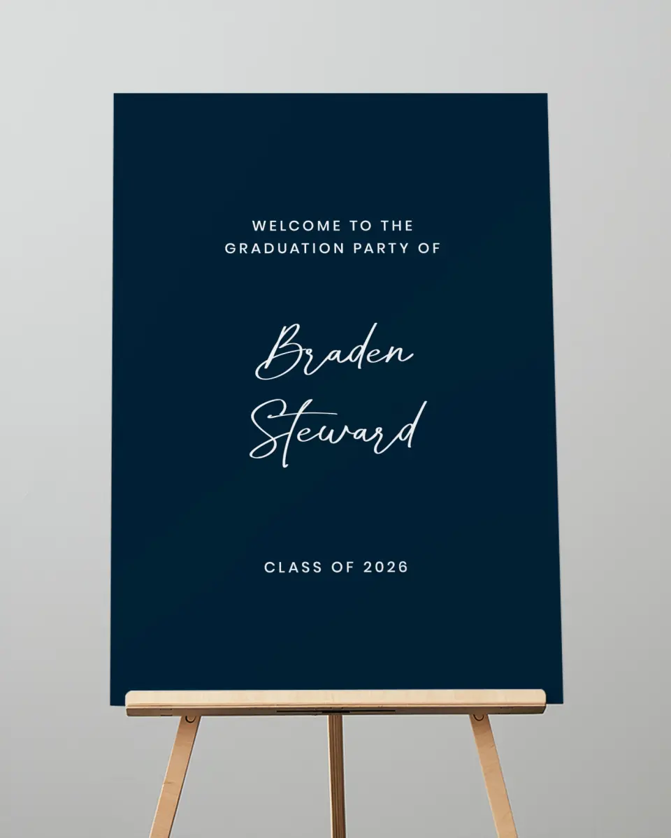 This is a 20" x 28" Welcome Grad Sign called Sporty Grad printed in full color