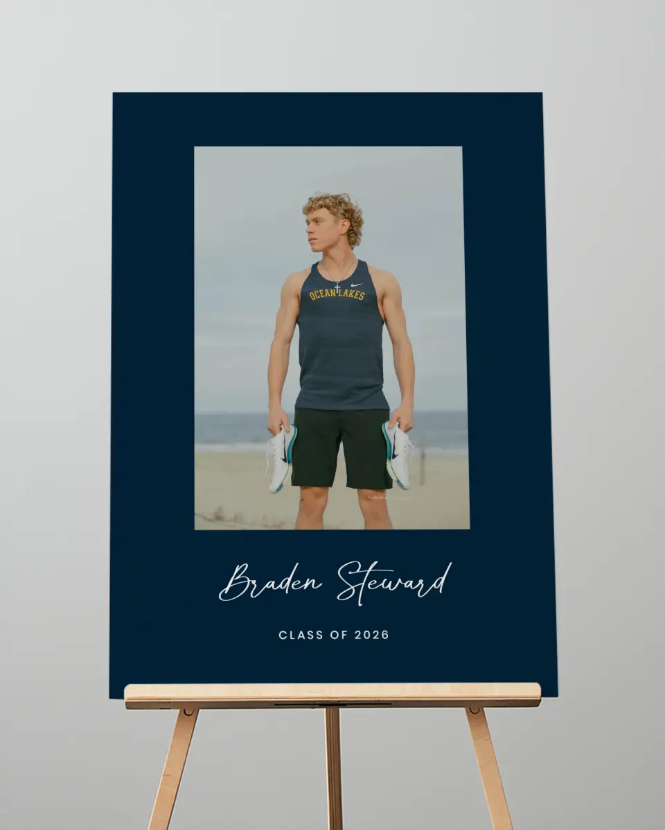 This is a 20" x 28" Welcome Grad Sign called Sporty Grad printed in full color