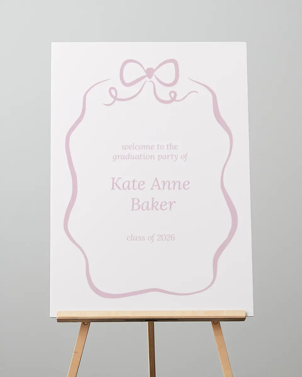 This is a 20" x 28" Welcome Grad Sign called Bow Grad printed in full color with Silver foil