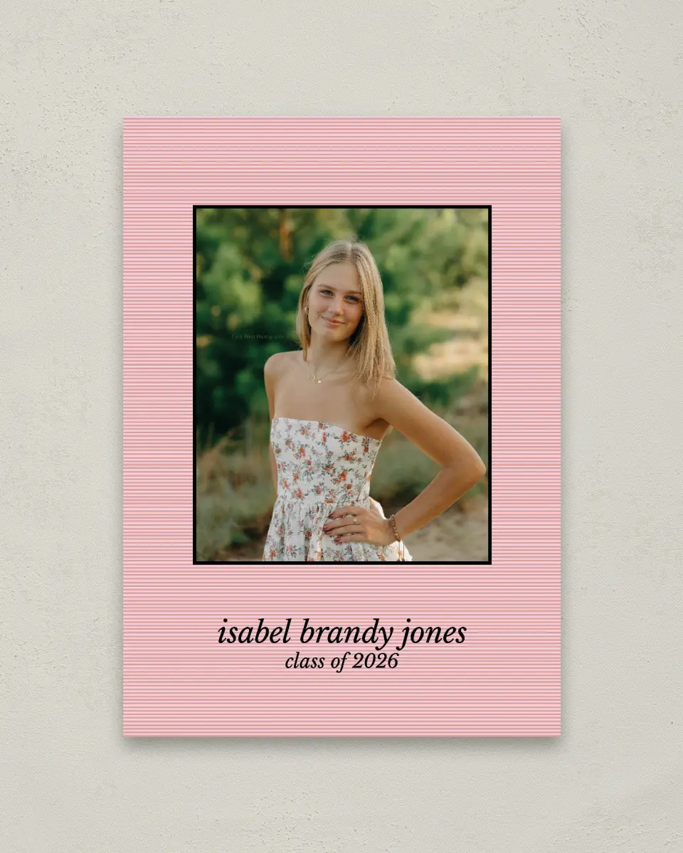 This is a 20" x 28" Welcome Grad Sign called Snapshot Graduate printed in full color with Gold foil