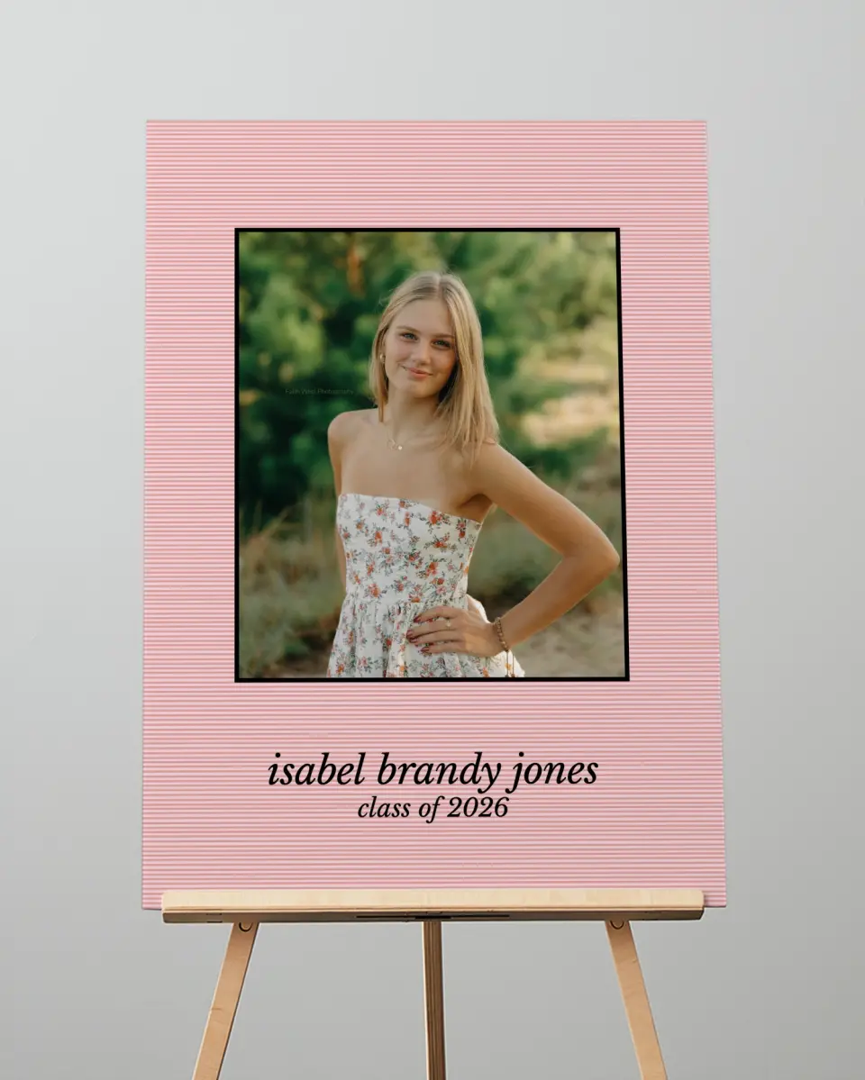 This is a 20" x 28" Welcome Grad Sign called Snapshot Graduate printed in full color with Silver foil