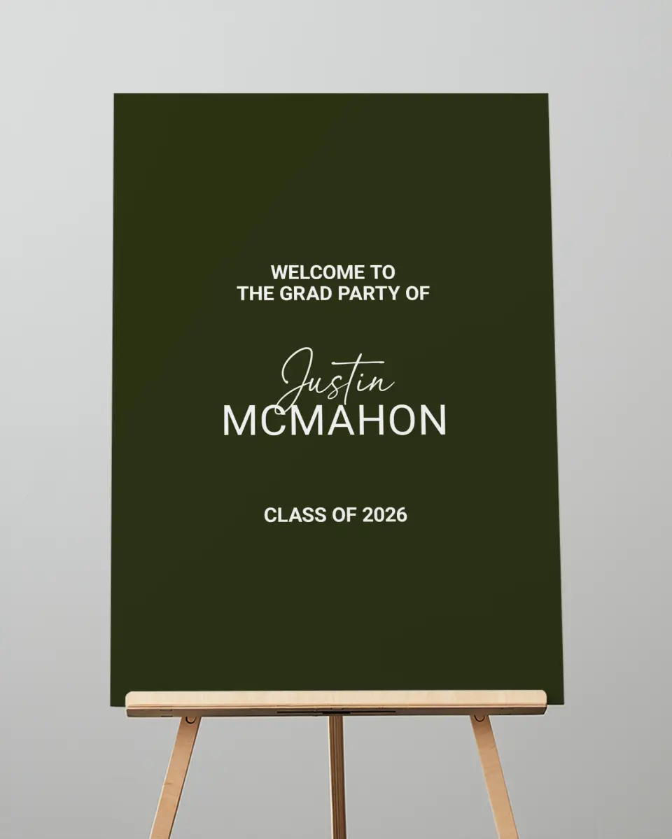 This is a 20" x 28" Welcome Grad Sign called Forward Bound printed in full color with Silver foil