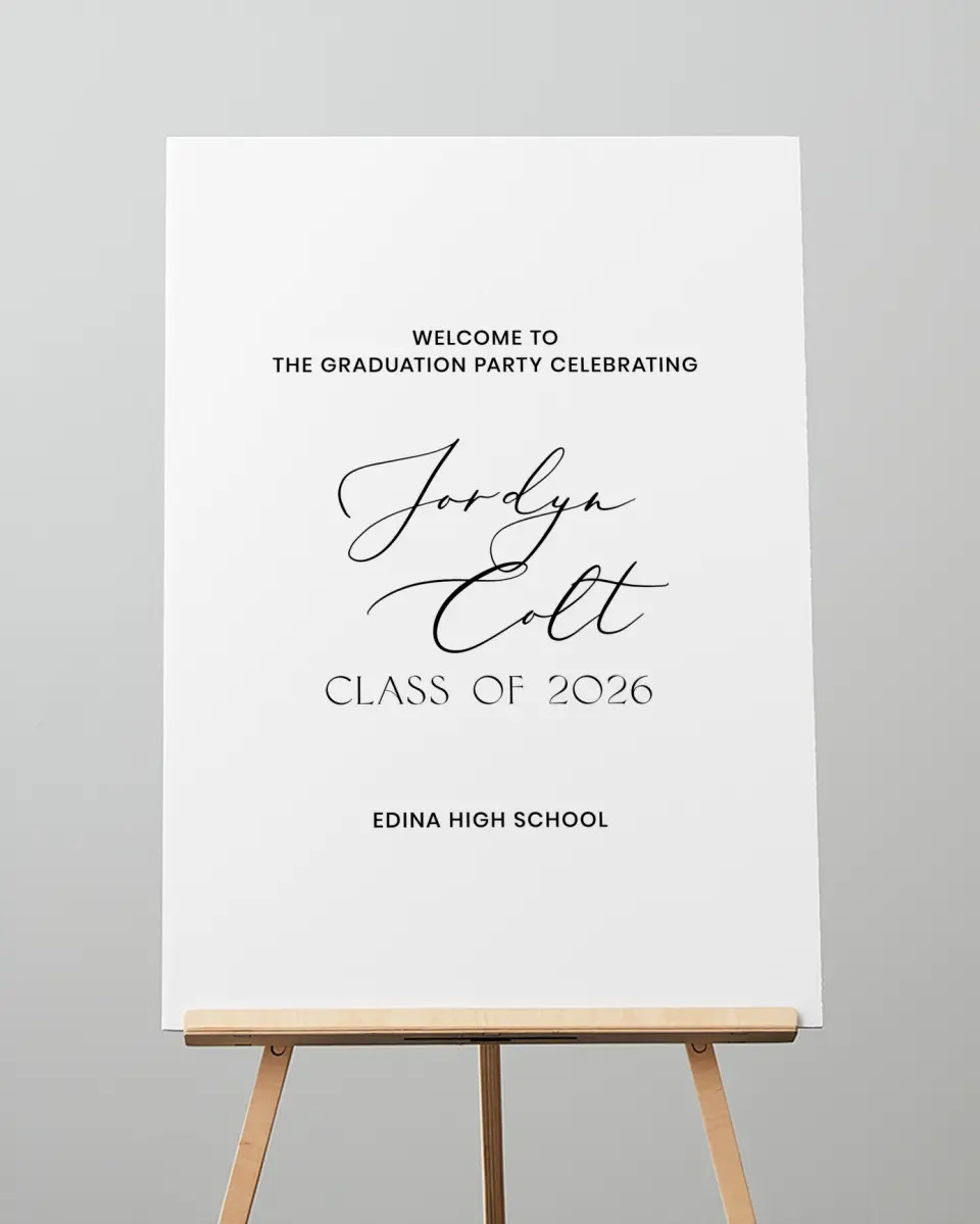 This is a 20" x 28" Welcome Grad Sign called Refined Moment printed in full color