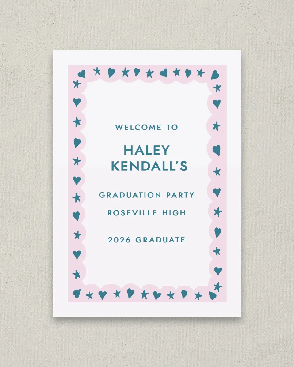 This is a 20" x 28" Welcome Grad Sign called Fun Grad printed in full color