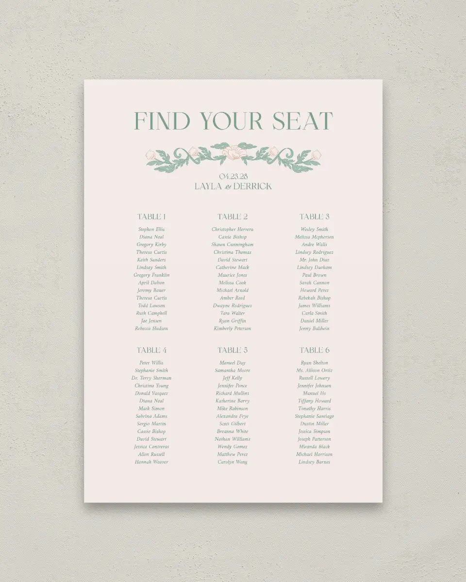 This is a 20" x 28" Seating Chart Sign called Vintage Dream printed in full color with Gold foil