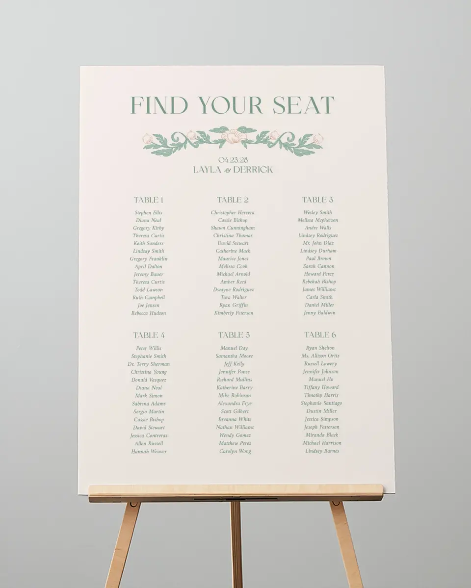 This is a 20" x 28" Seating Chart Sign called Vintage Dream printed in full color with Gold foil