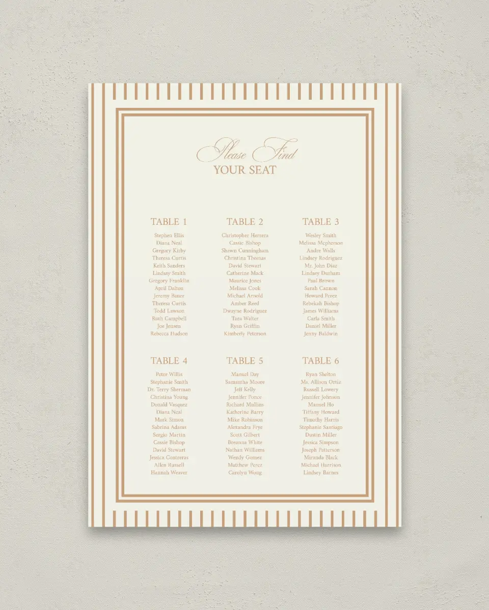 This is a 20" x 28" Seating Chart Sign called Beaded Veil printed in full color with Gold foil