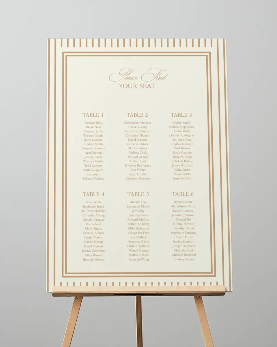 This is a 20" x 28" Seating Chart Sign called Beaded Veil printed in full color with Gold foil