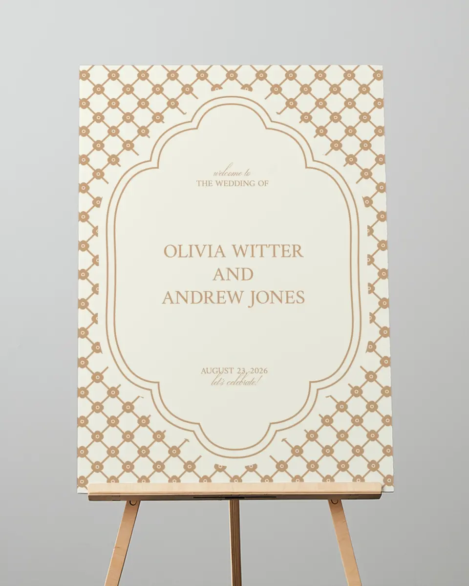 This is a 20" x 28" Welcome Sign called Beaded Veil printed in full color with Gold foil