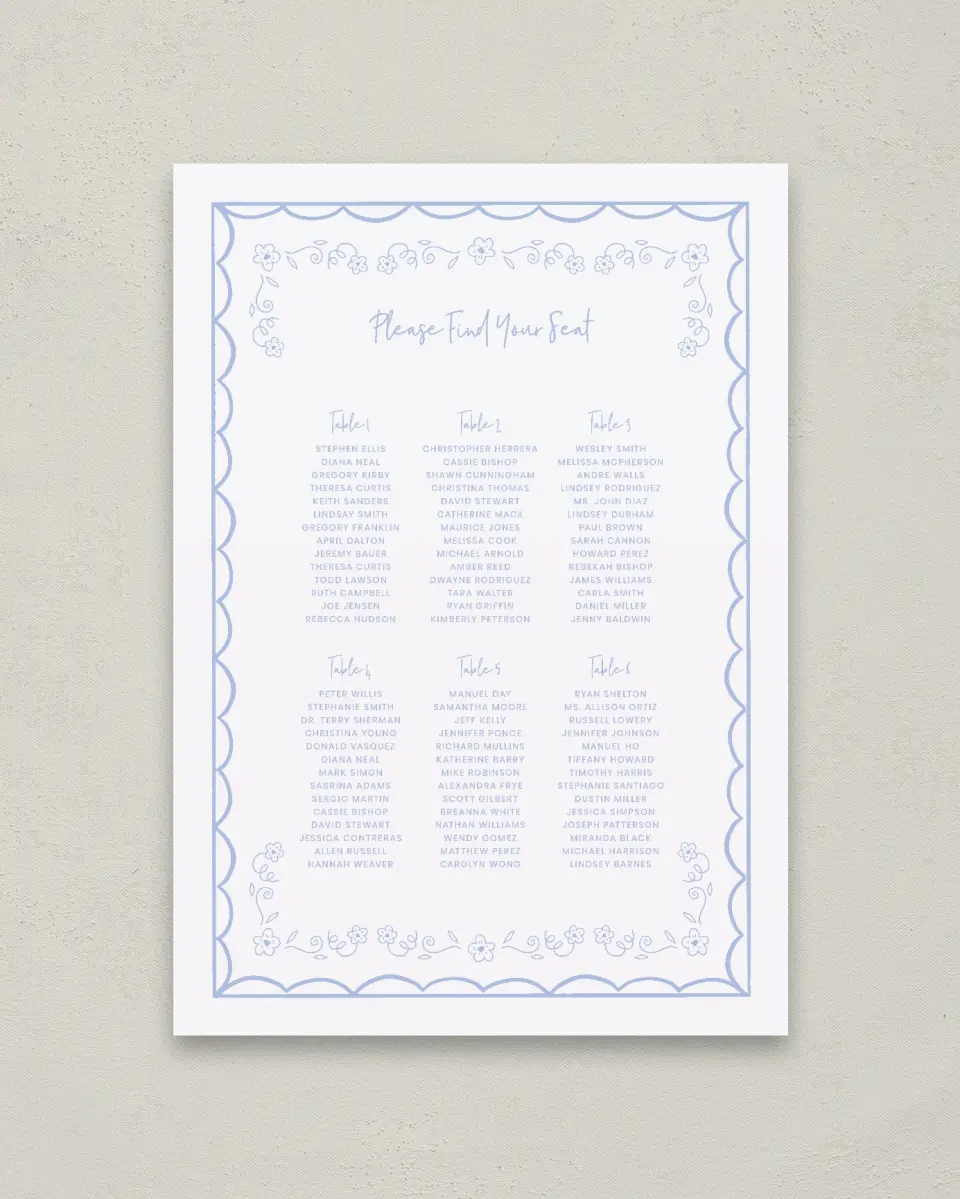 This is a 20" x 28" Seating Chart Sign called Framed in Flowers printed in full color with Gold foil