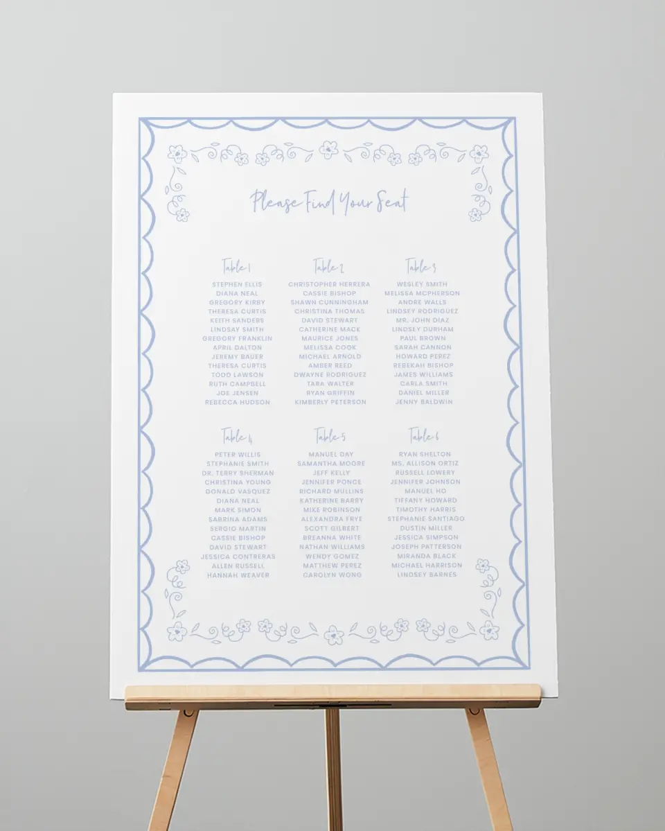 This is a 20" x 28" Seating Chart Sign called Framed in Flowers printed in full color with Gold foil