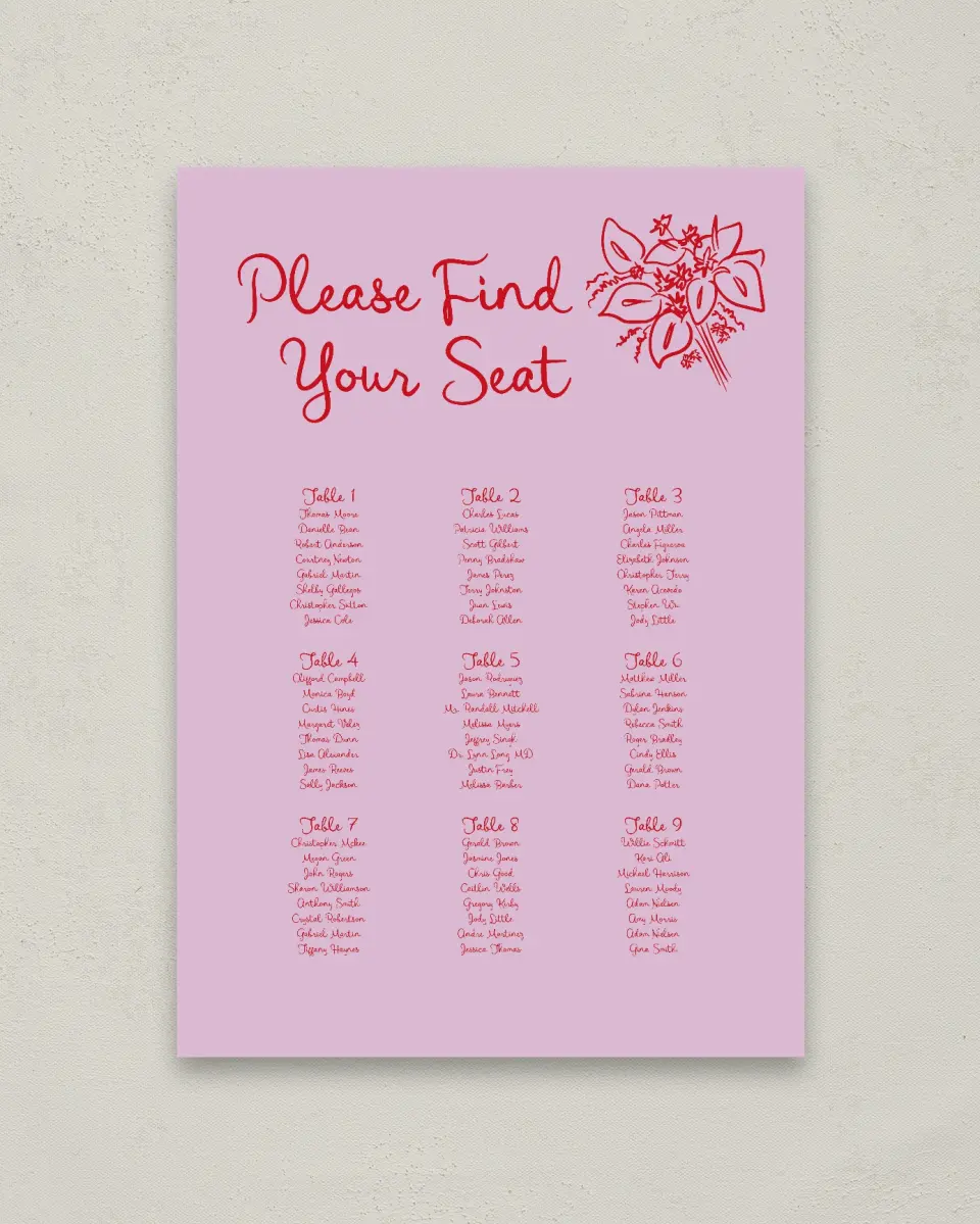This is a 20" x 28" Seating Chart Sign called Flourishing Love printed in full color with Gold foil