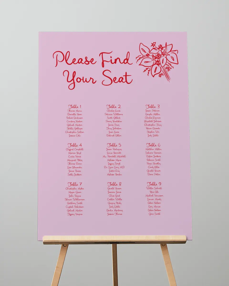 This is a 20" x 28" Seating Chart Sign called Flourishing Love printed in full color with Gold foil